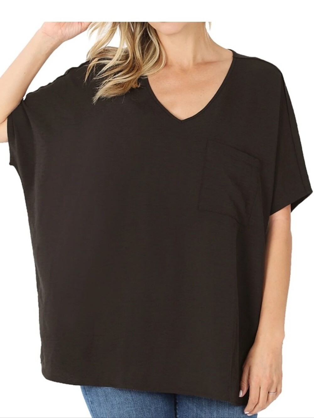 Zenana Outfitters 2x Black Oversized V-Neck Pocket Tee NWOT